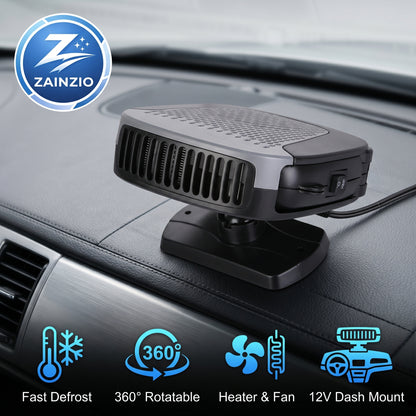 A black and grey Zainzio 12V portable car heater and defroster is mounted on a car dashboard. Features highlighted include "Fast Defrost," "360° Rotatable," "Heater & Fan," and "12V Dash Mount."