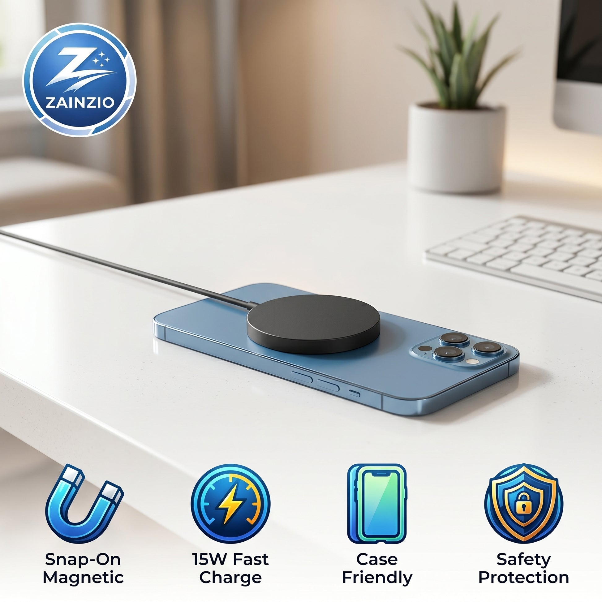 Blue smartphone with wireless charging pad on a desk, featuring Zainzio branding.
