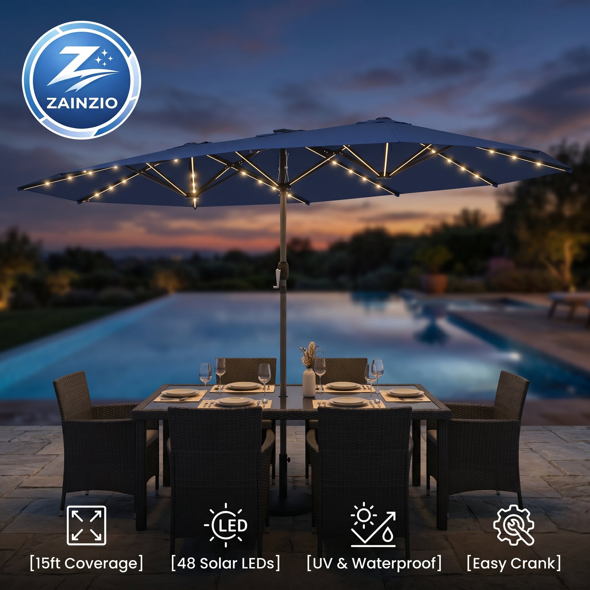 15 ft lighted patio umbrella Tangkula Solar LED Double-Sided with Base, Beige deck.With a pole diameter of 1.9 and 12 high 15 FT Patio Umbrella with