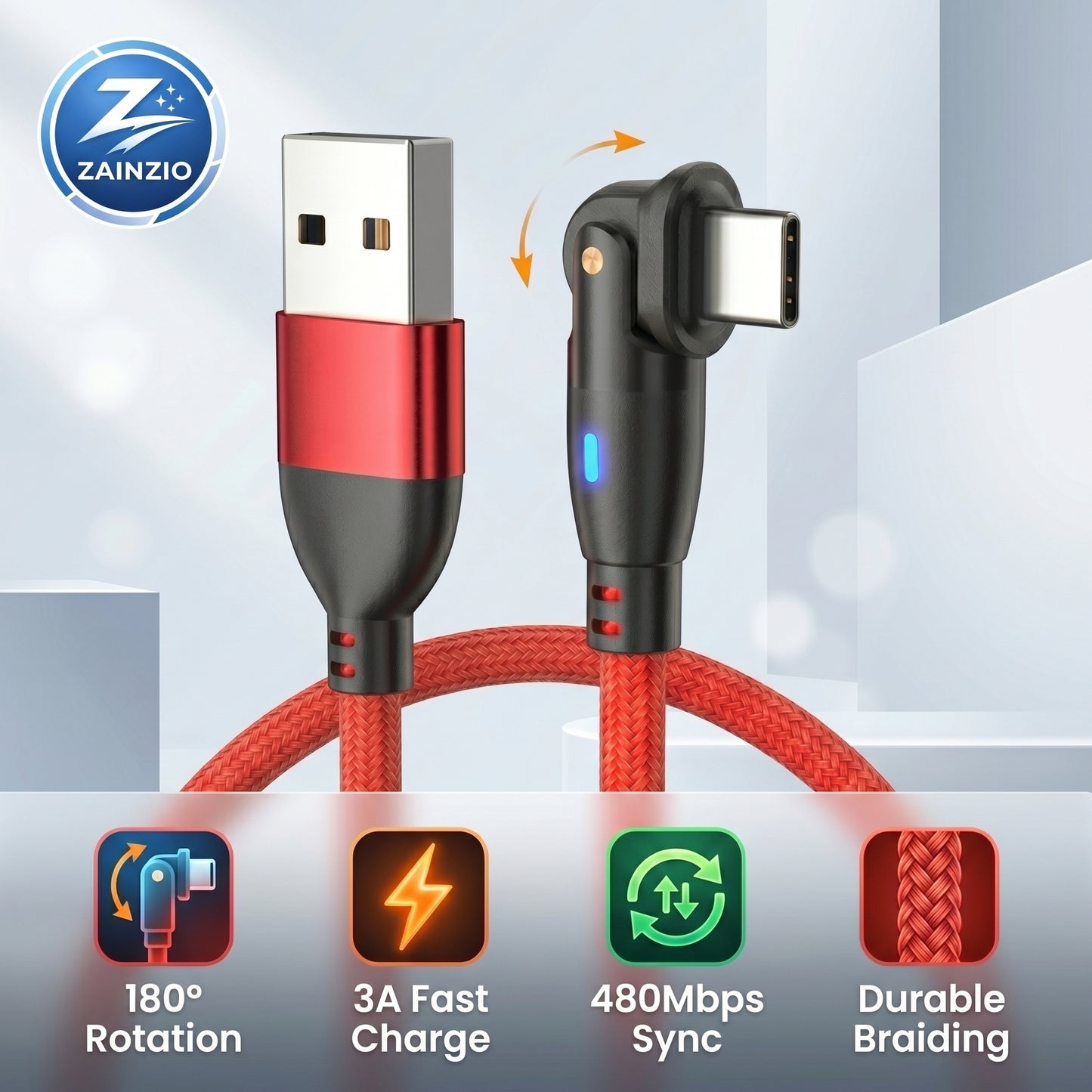Zainzio's red braided 180° rotating Type-C gaming cable. Features: 180° Rotation, 3A Fast Charge, 480Mbps Sync, Durable Braiding.
