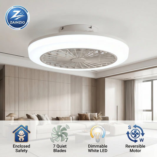 Ceiling fan with light fixture in a room, featuring Zainzio brand logo.