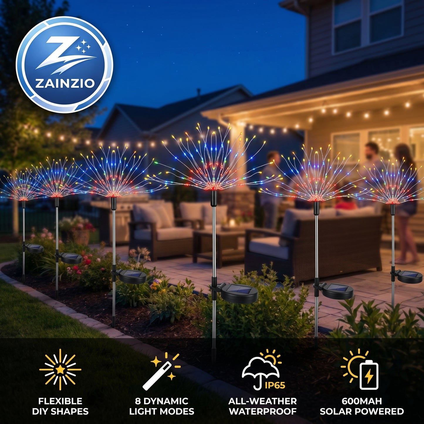 Zainzio 2-Pack Solar Firework Lights, Multicolor LED Starburst