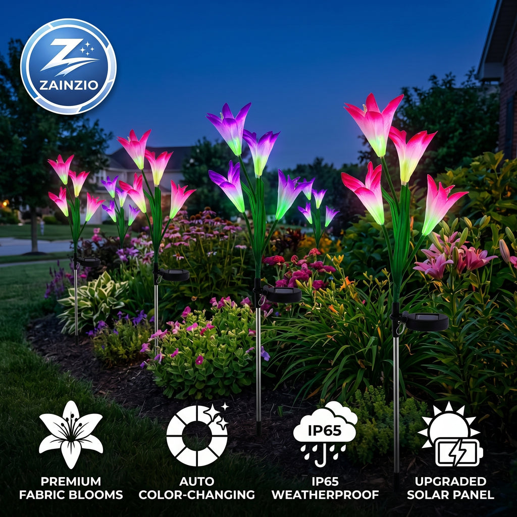 Color-changing solar garden lights with Zainzio branding in a garden setting.