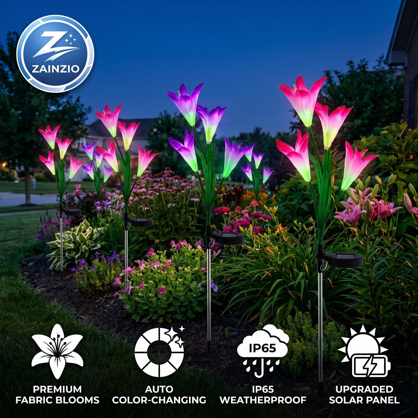 Color-changing solar garden lights with Zainzio branding in a garden setting.