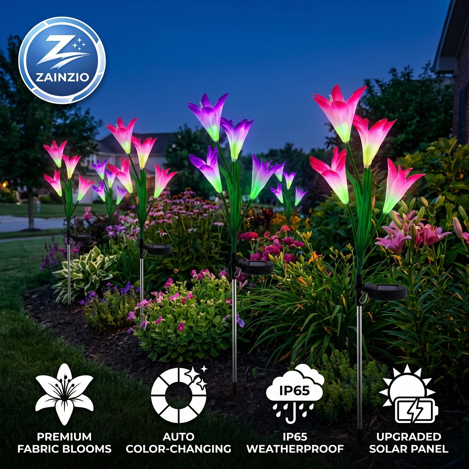 Color-changing solar garden lights with Zainzio branding in a garden setting.