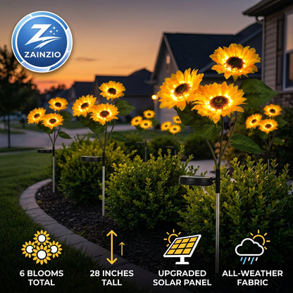 Solar-powered sunflower lights by Zainzio in a garden setting with house in the background.
