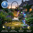 Zainzio Solar-powered garden light shaped like a watering can with colorful lights in a garden setting.