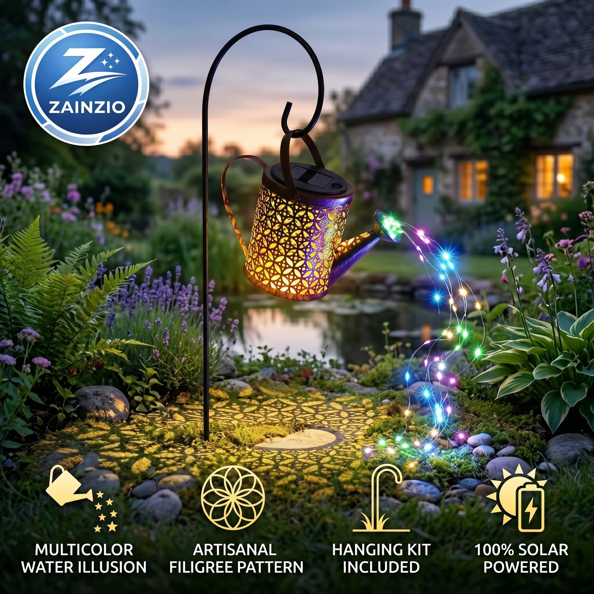 Zainzio Solar-powered garden light shaped like a watering can with colorful lights in a garden setting.