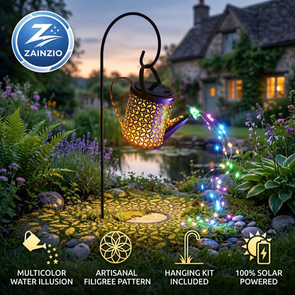 Zainzio Solar-powered garden light shaped like a watering can with colorful lights in a garden setting.