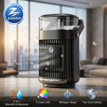 A black Zainzio 2-in-1 heater and humidifier sits on a table, emitting H2O mist. Icons below highlight "2-in-1 Warmth & Moisture", "7-Color LED", "Whisper-Quiet", and "Tip-Over Safety".