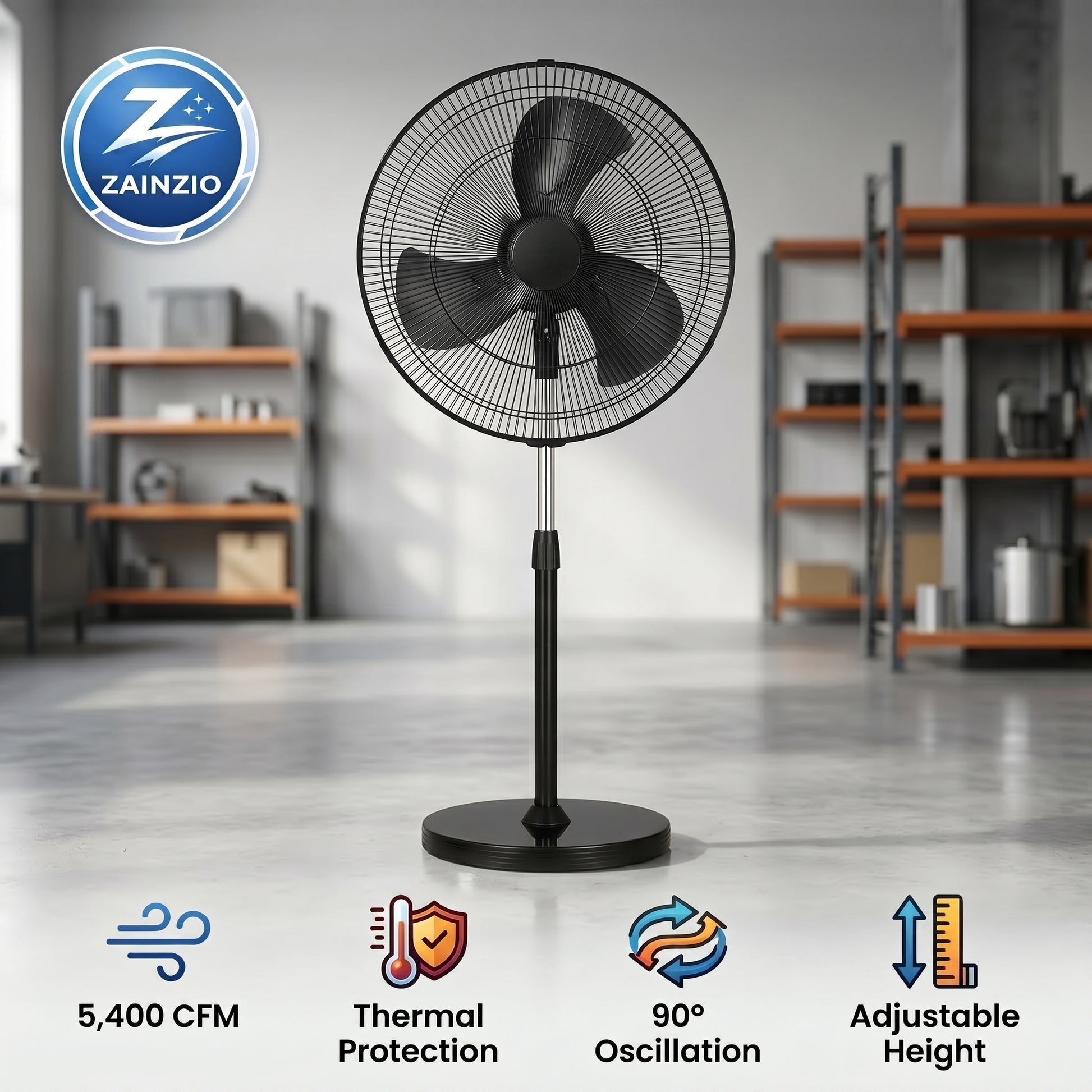 Black stand fan with Zainzio logo in a room setting, featuring product features.