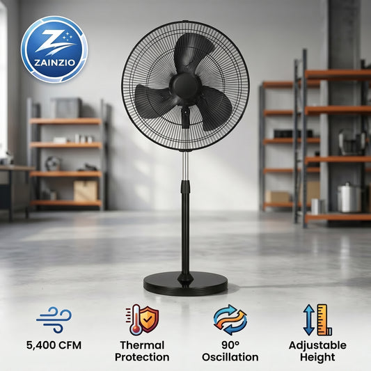 Black stand fan with Zainzio logo in a room setting, featuring product features.