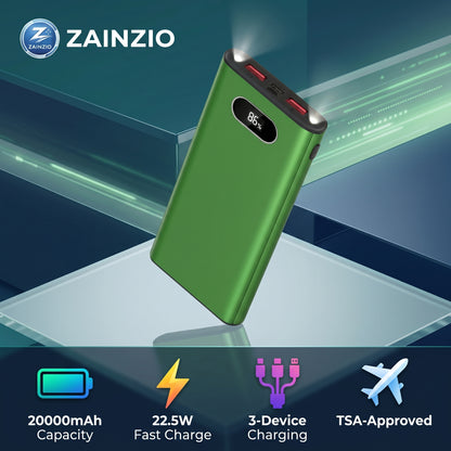 Green power bank with Zainzio branding on a reflective surface