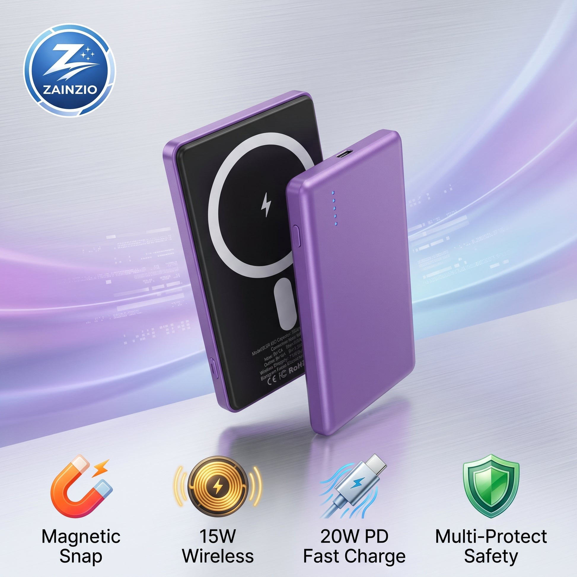 Purple wireless charging device with Zainzio branding on a gradient background