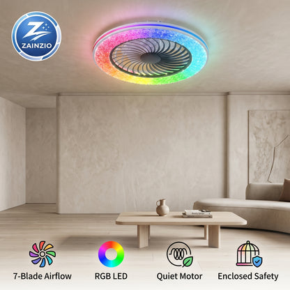 Ceiling fan with RGB LED lights in a modern room, featuring Zainzio brand logo.