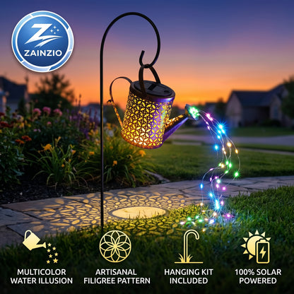Solar-powered garden light with colorful string lights in a garden setting, featuring Zainzio brand.