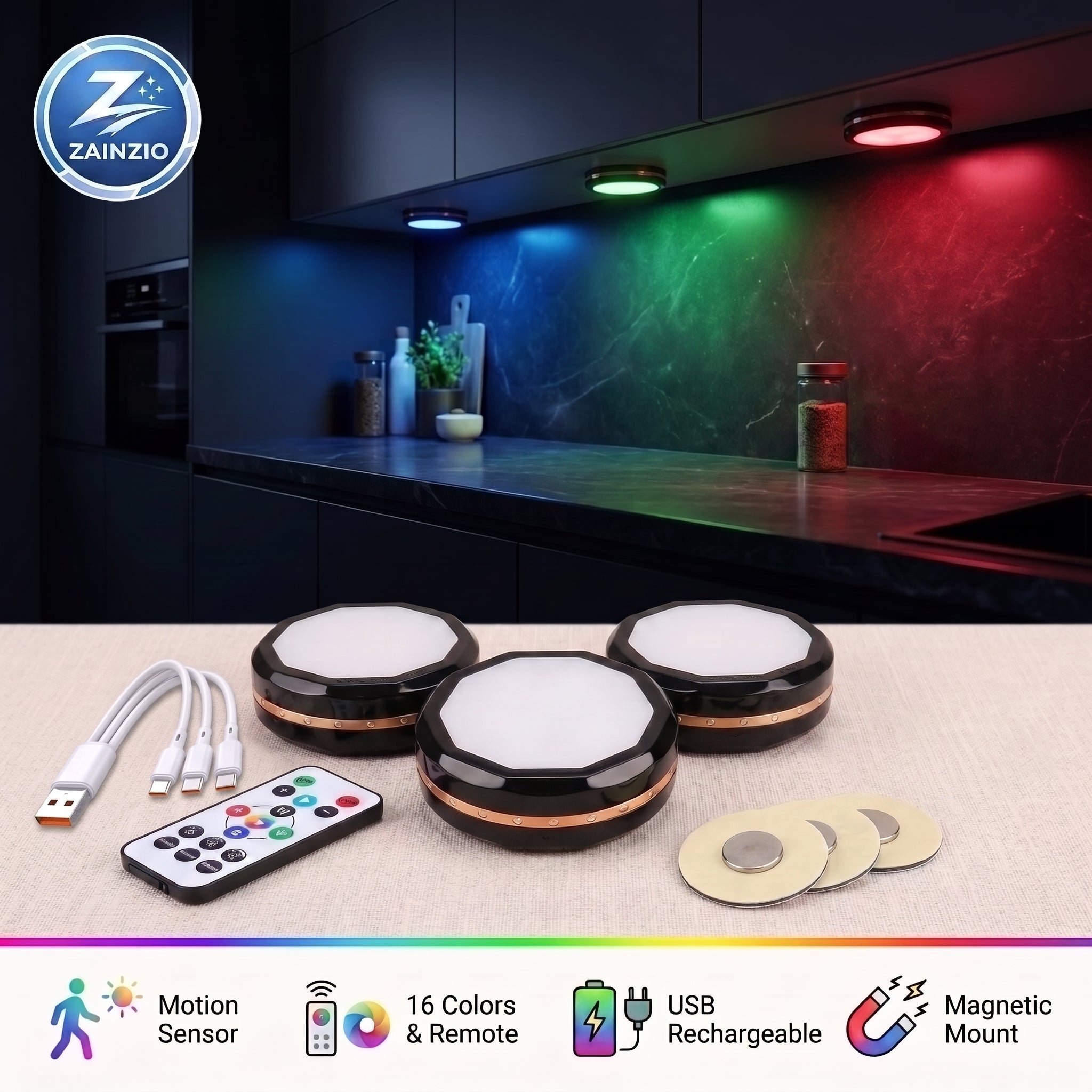 Zainzio RGB puck lights (3-pack), remote, cable, and magnetic mounts are shown, with lights under a kitchen cabinet. Features: Motion Sensor, 16 Colors & Remote, USB Rechargeable, Magnetic Mount.
