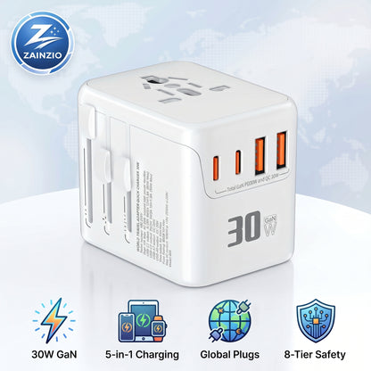 White power adapter with multiple ports on a light blue background, featuring the Zainzio brand.