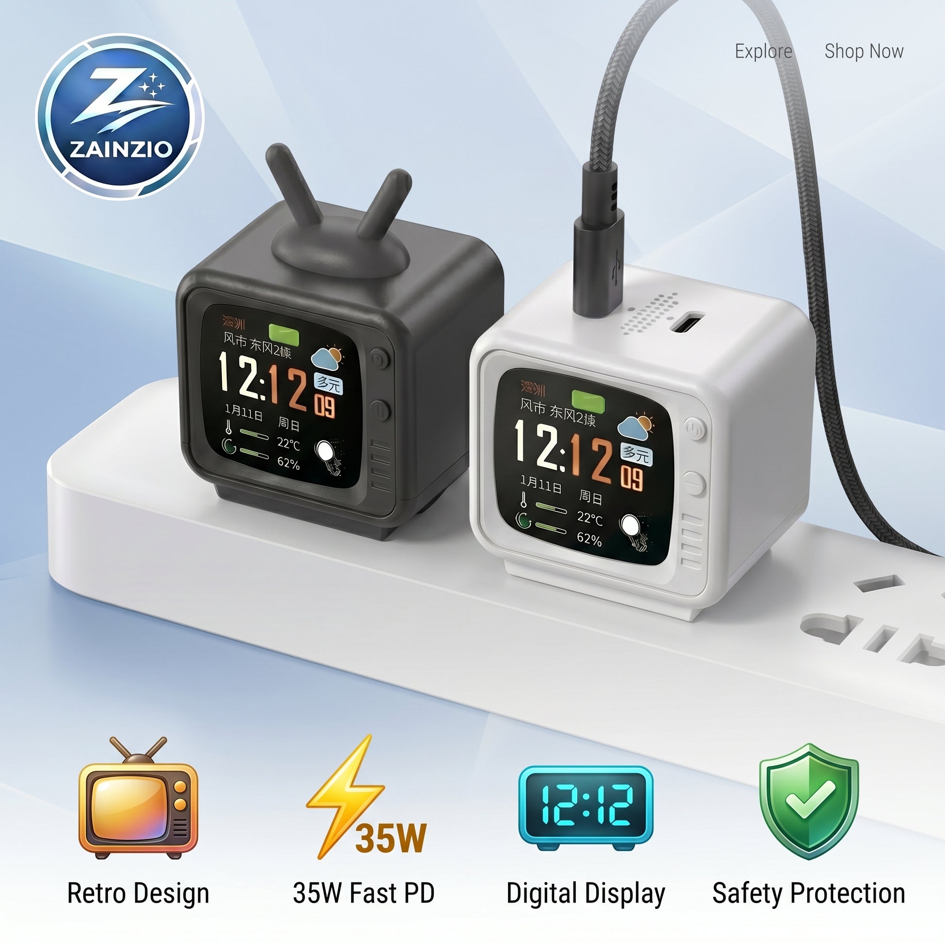 Zainzio 35W Retro TV Smart Charger – Digital Clock & Weather