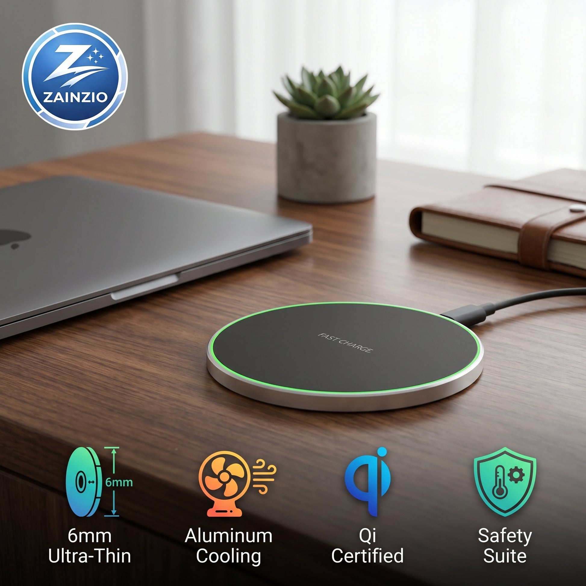 Wireless charging pad on a desk with Zainzio branding and product features displayed.