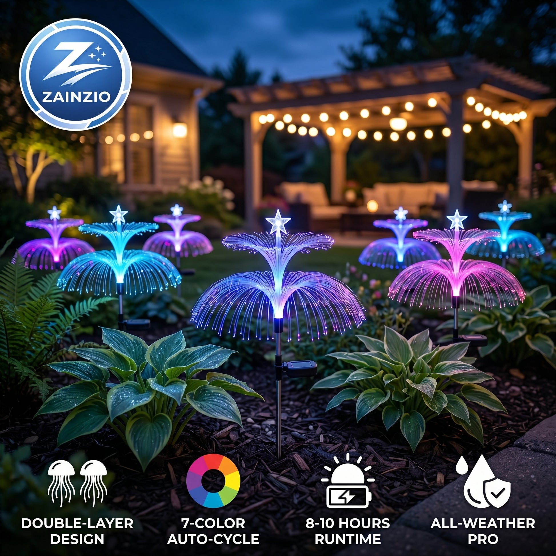 Colorful LED garden lights with Zainzio branding in a garden setting.