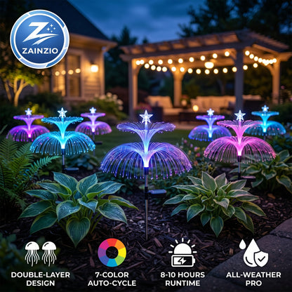 Colorful LED garden lights with Zainzio branding in a garden setting.