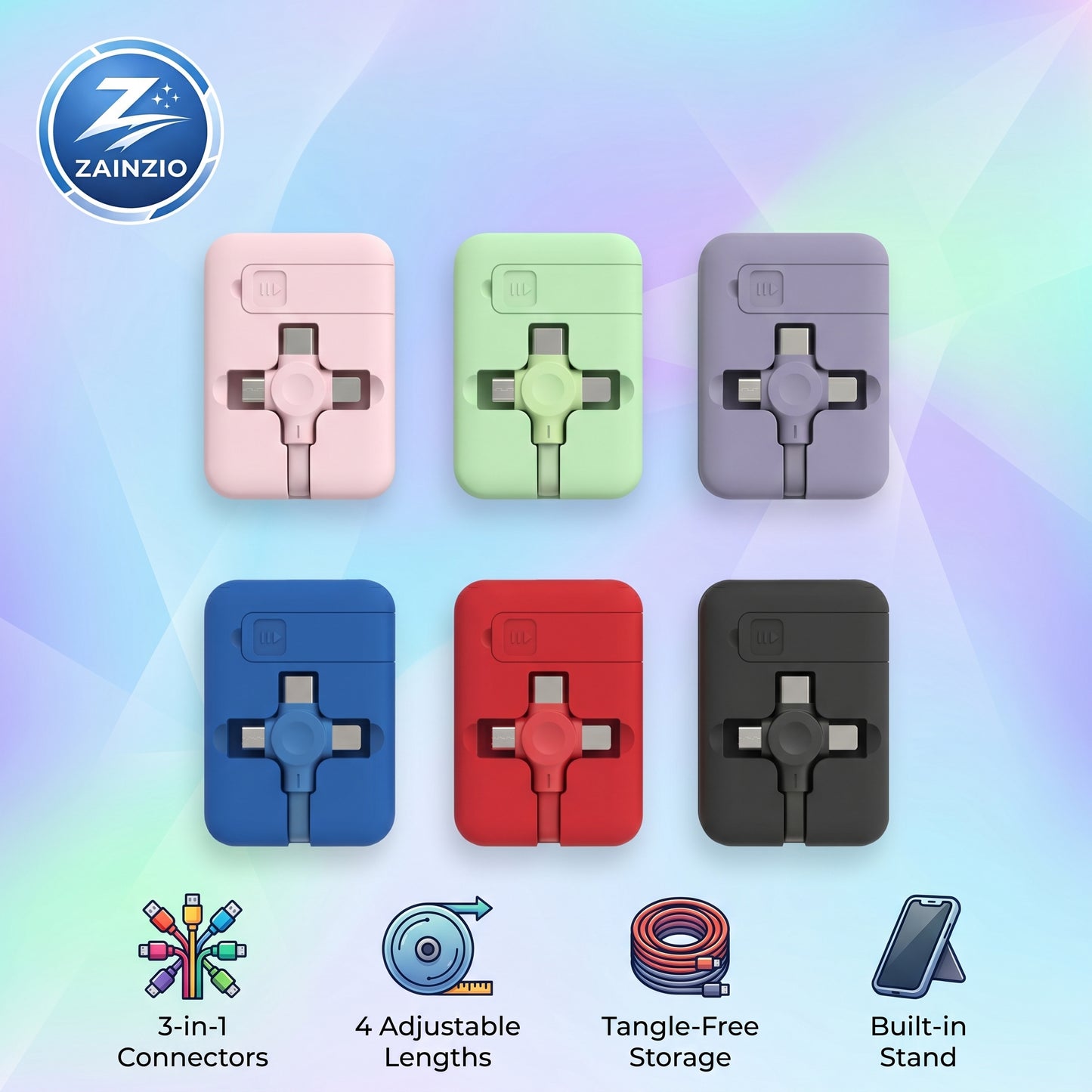 Zainzio retractable charging cables in pink, green, purple, blue, red, and black are displayed. Features include 3-in-1 Connectors, 4 Adjustable Lengths, Tangle-Free Storage, and a Built-in Stand.