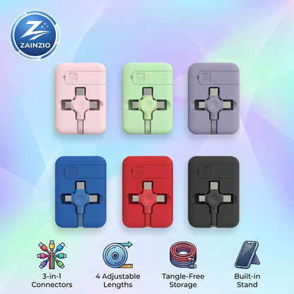 Zainzio retractable charging cables in pink, green, purple, blue, red, and black are displayed. Features include 3-in-1 Connectors, 4 Adjustable Lengths, Tangle-Free Storage, and a Built-in Stand.