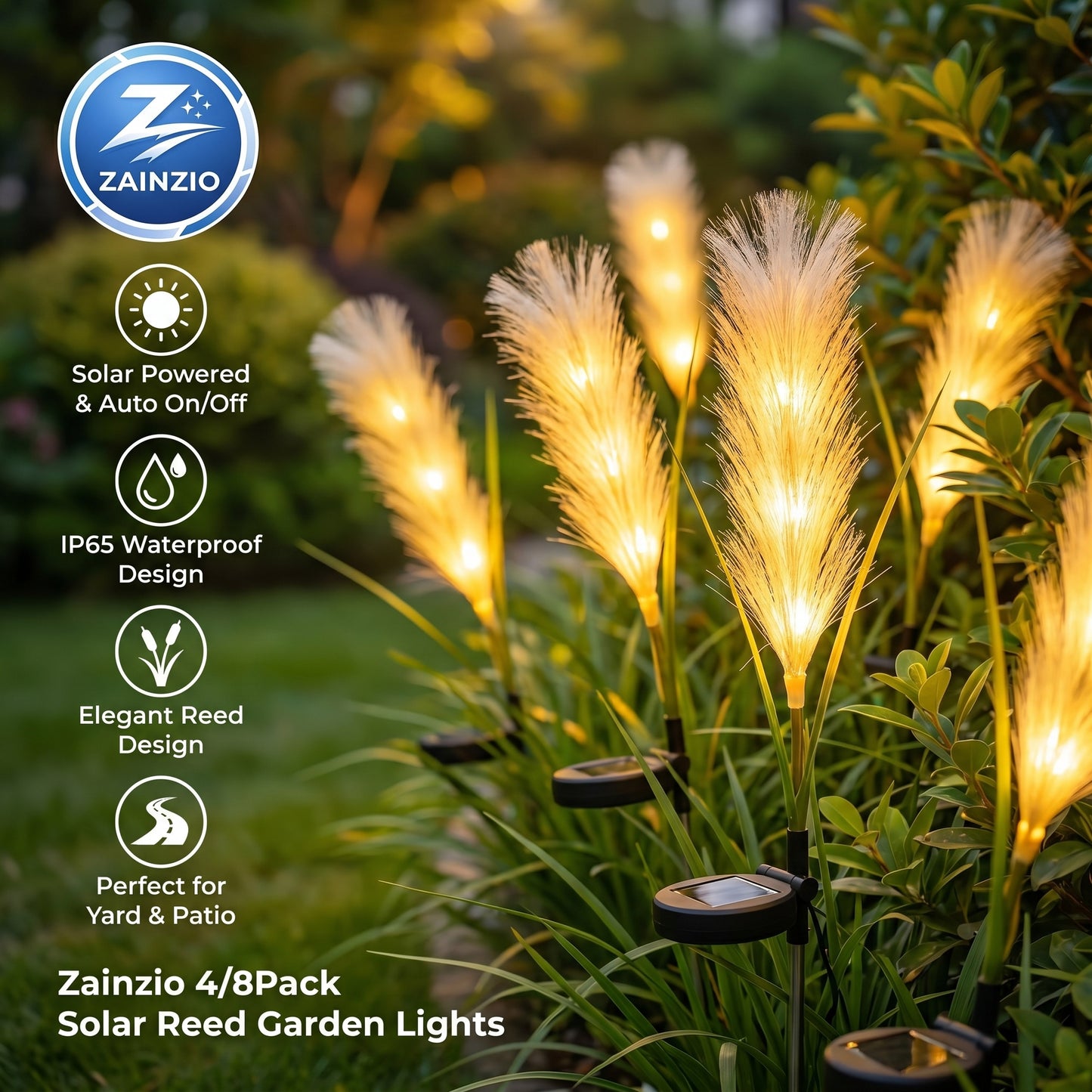 Solar-powered garden lights with Zainzio branding in a garden setting.