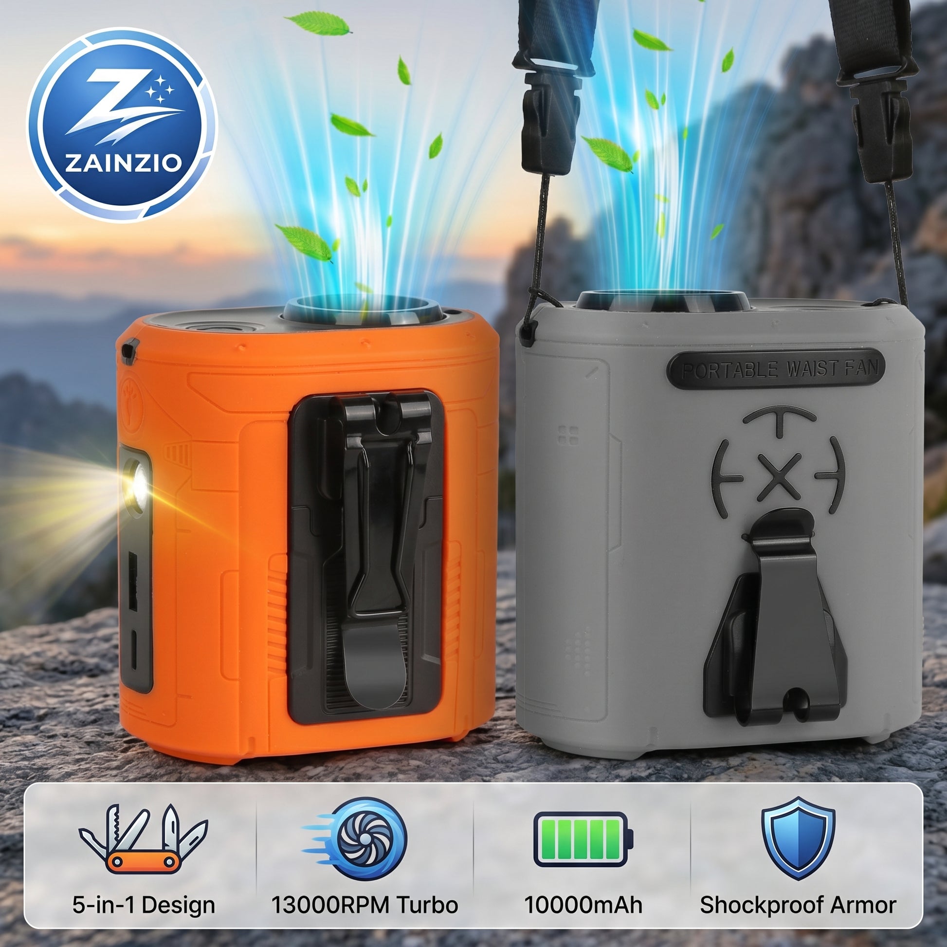 Two portable air purifiers, one orange and one gray, with Zainzio branding on a mountain background.