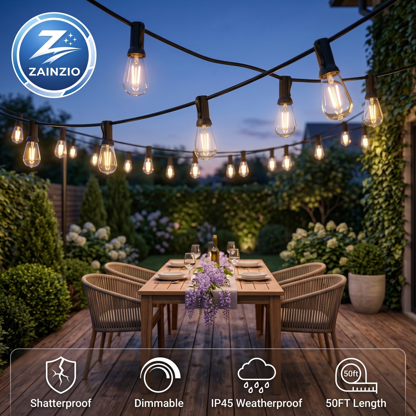 String lights with Zainzio logo over an outdoor dining table setting