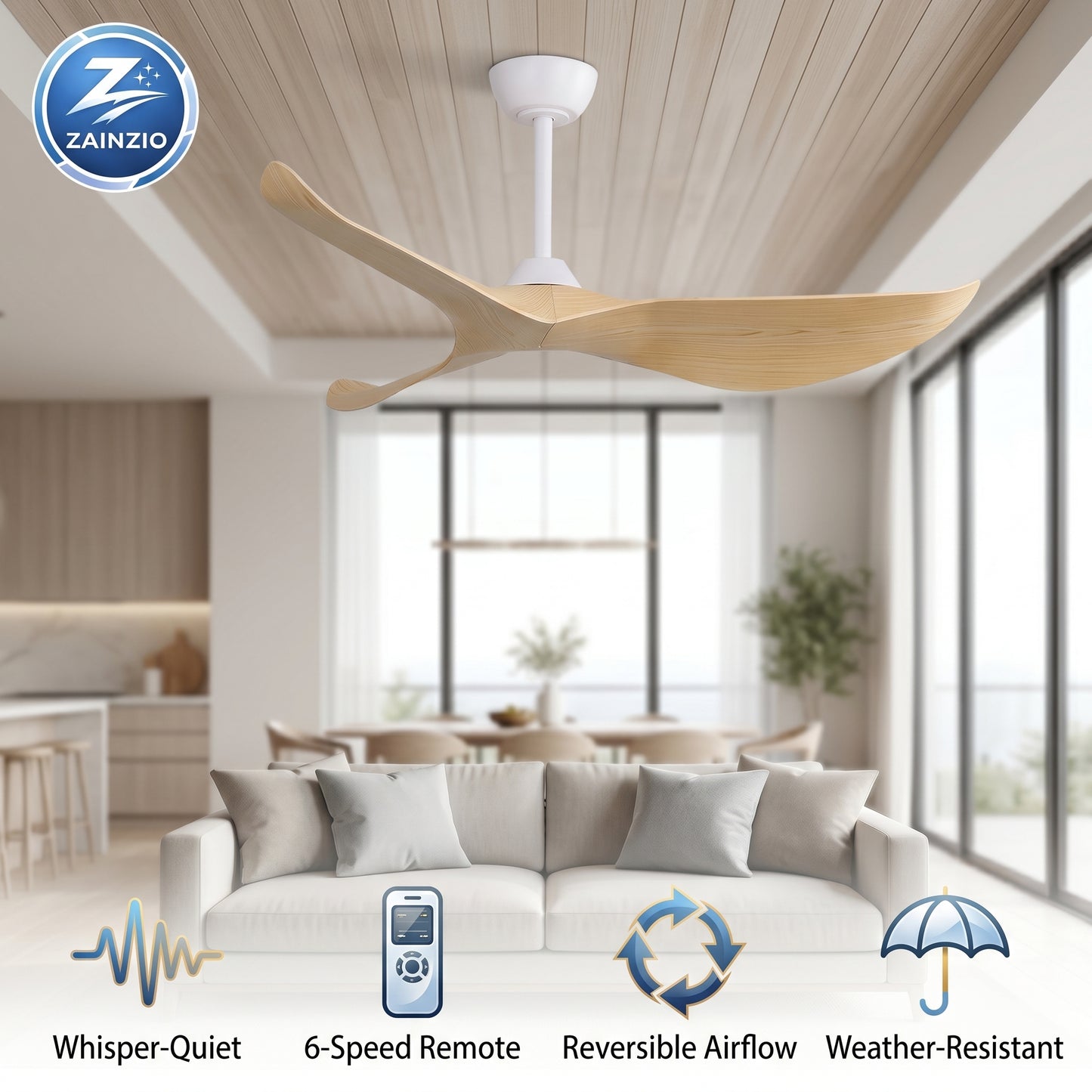 Ceiling fan in a modern living room with Zainzio branding and features listed.