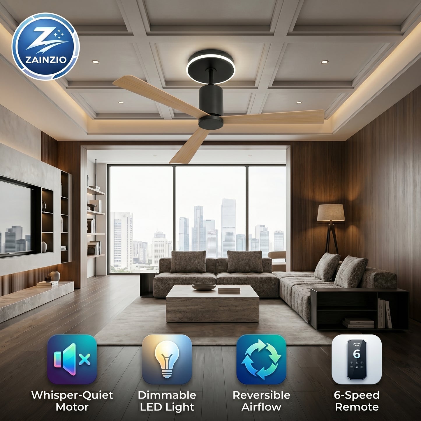 Zainzio 52 Flush Mount Ceiling Fan with LED Light – Quiet DC Motor
