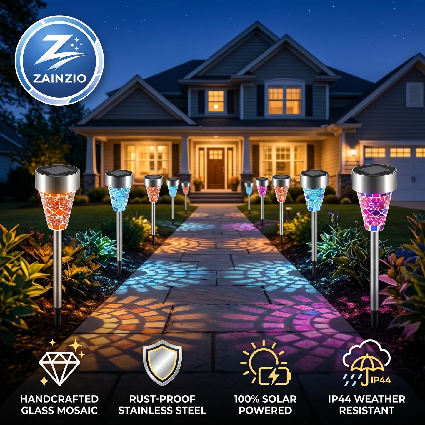 Zainzio solar pathway lights illuminating a house at night with colorful mosaics projected on the ground.
