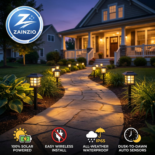 Pathway illuminated by solar-powered lights in front of a house with Zainzio logo.