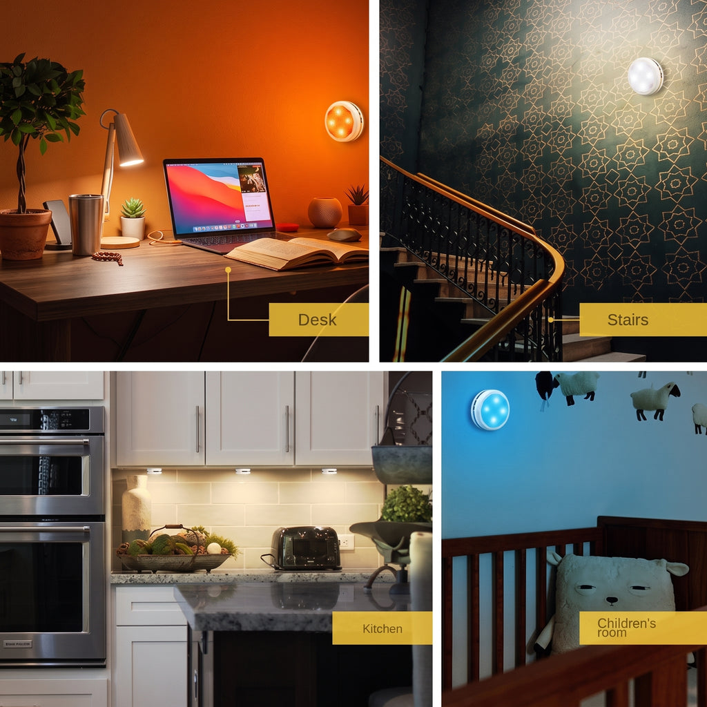 Four panels display Zainzio RGB Puck Lights in various settings. These versatile lights illuminate a desk, stairs, kitchen, and children's room. (Desk, Stairs, Kitchen, Children's room)