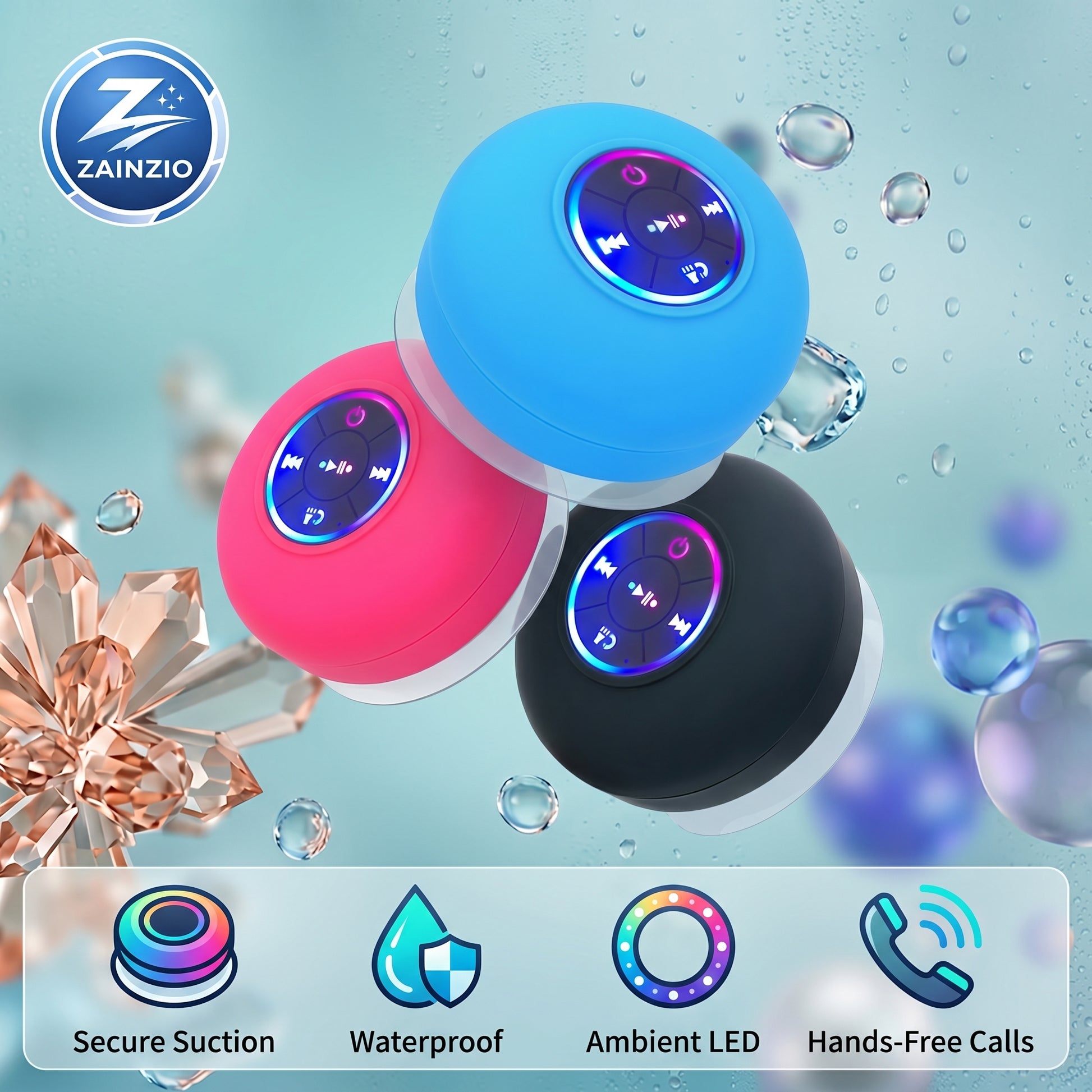 Three colorful Zainzio waterproof Bluetooth speakers (blue, pink, black) with LED buttons and suction cups are shown with feature icons. ZAINZIO, Secure Suction, Waterproof, Ambient LED, Hands-Free Calls.