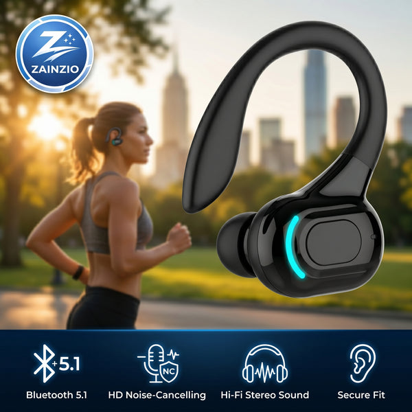 Black wireless earbuds with Zainzio logo, woman running in park, city skyline.