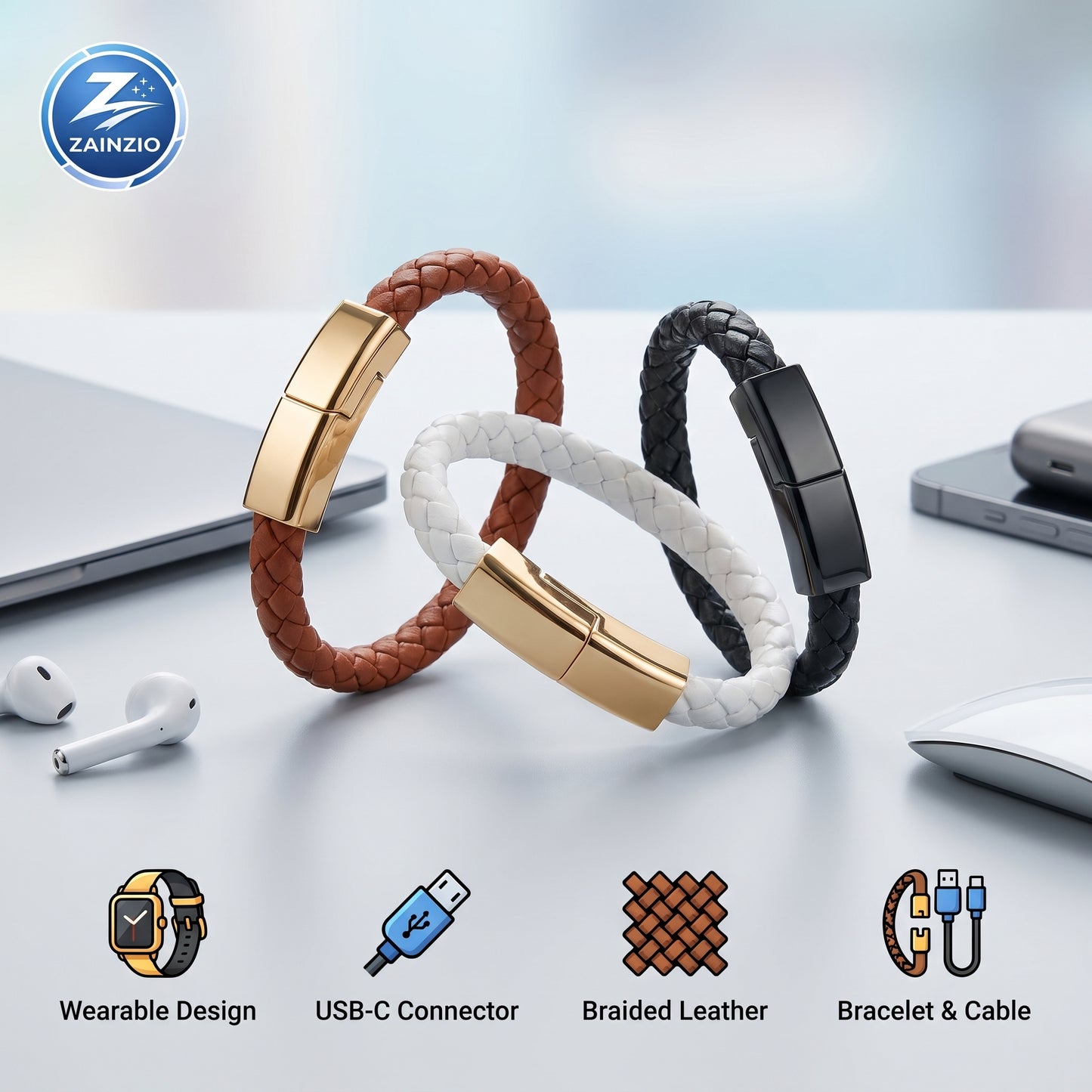 Three Zainzio braided leather bracelets in brown, white, and black with metallic clasps, presented as both jewelry and charging cables. Text: Wearable Design, USB-C Connector, Braided Leather, Bracelet & Cable.