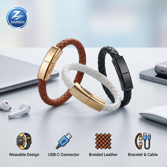 Three Zainzio braided leather bracelets in brown, white, and black with metallic clasps, presented as both jewelry and charging cables. Text: Wearable Design, USB-C Connector, Braided Leather, Bracelet & Cable.