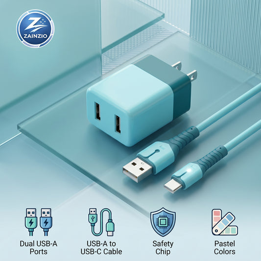 Teal USB charger with cable on a light blue background, featuring Zainzio branding.