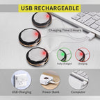 USB RECHARGEABLE. Three puck lights charging, showing red for charging, green for fully charged. Methods: USB Charging, Power Bank, Computer. Charging Time: 2 Hours.