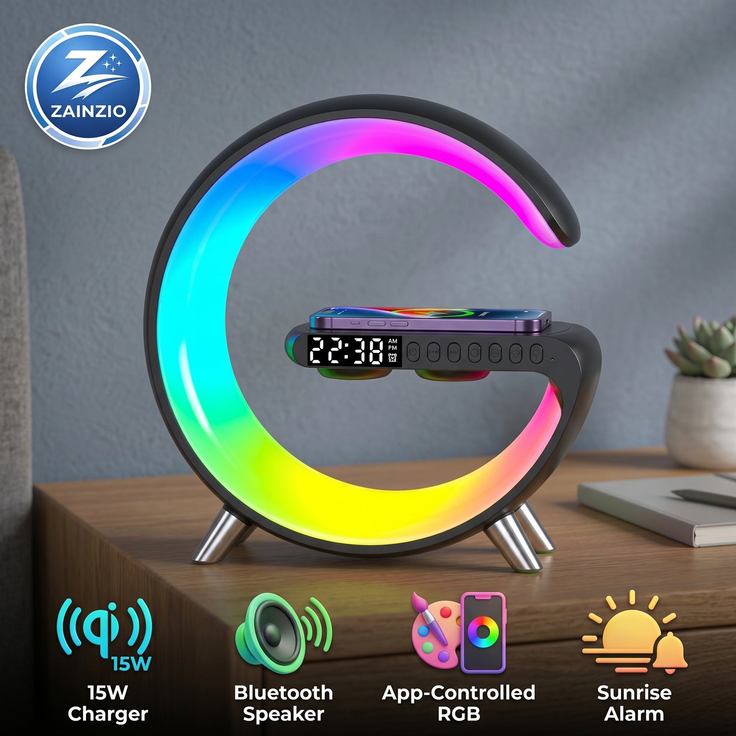 Zainzio G-Shaped Atmosphere Lamp – 15W Wireless Charger & Bluetooth