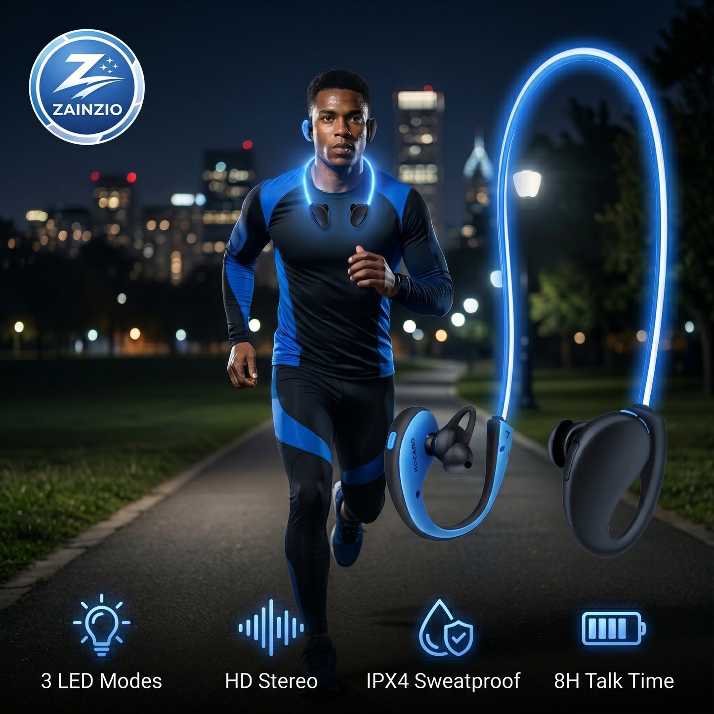 Man running at night with Zainzio earbuds and product features displayed.