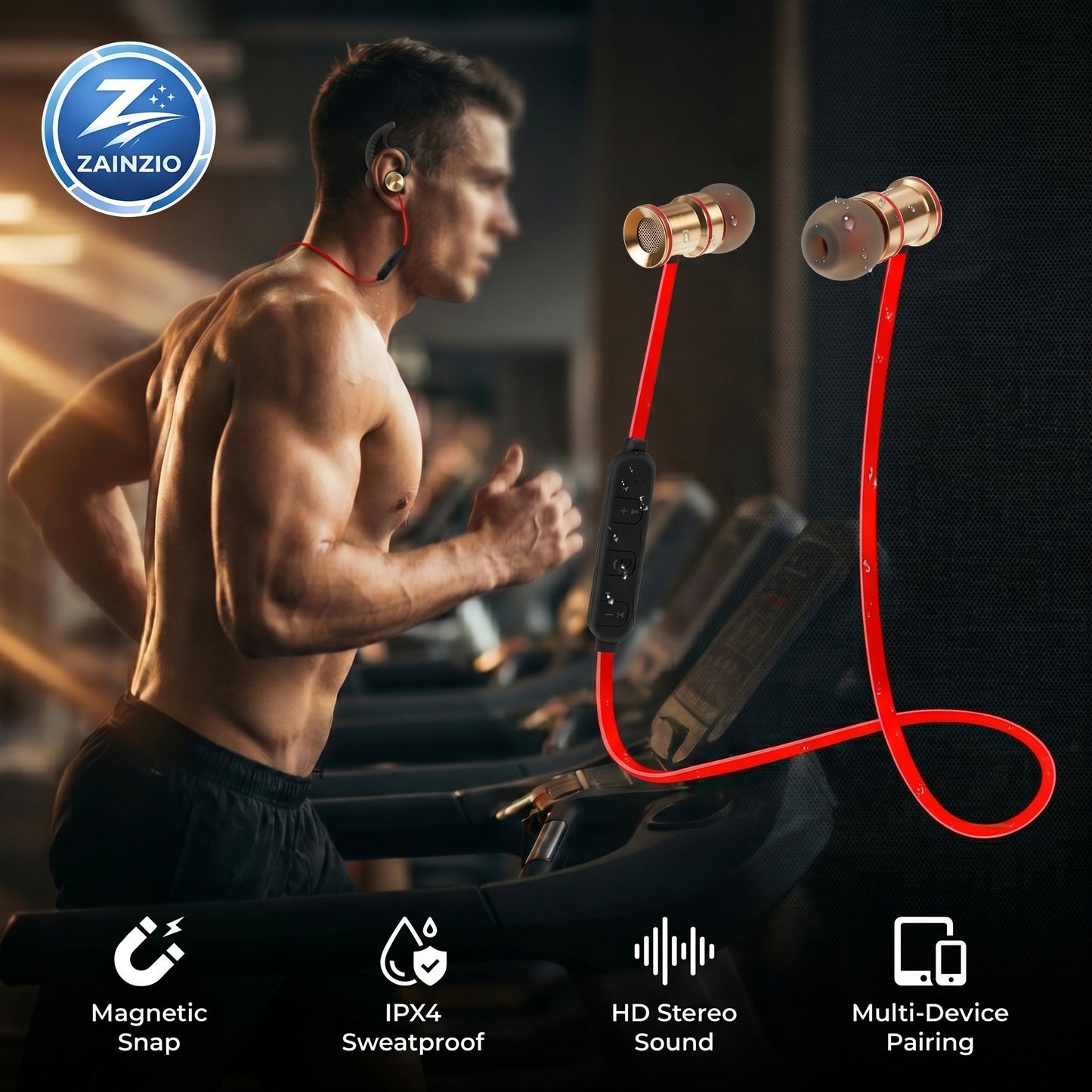 Man exercising on a treadmill with wireless earbuds and Zainzio logo displayed.