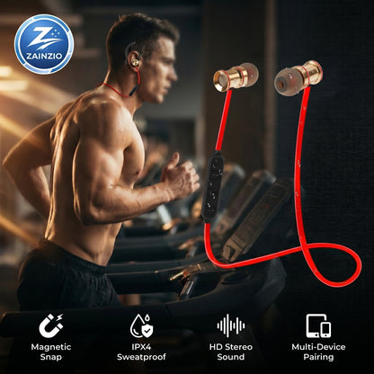 Man exercising on a treadmill with wireless earbuds and Zainzio logo displayed.