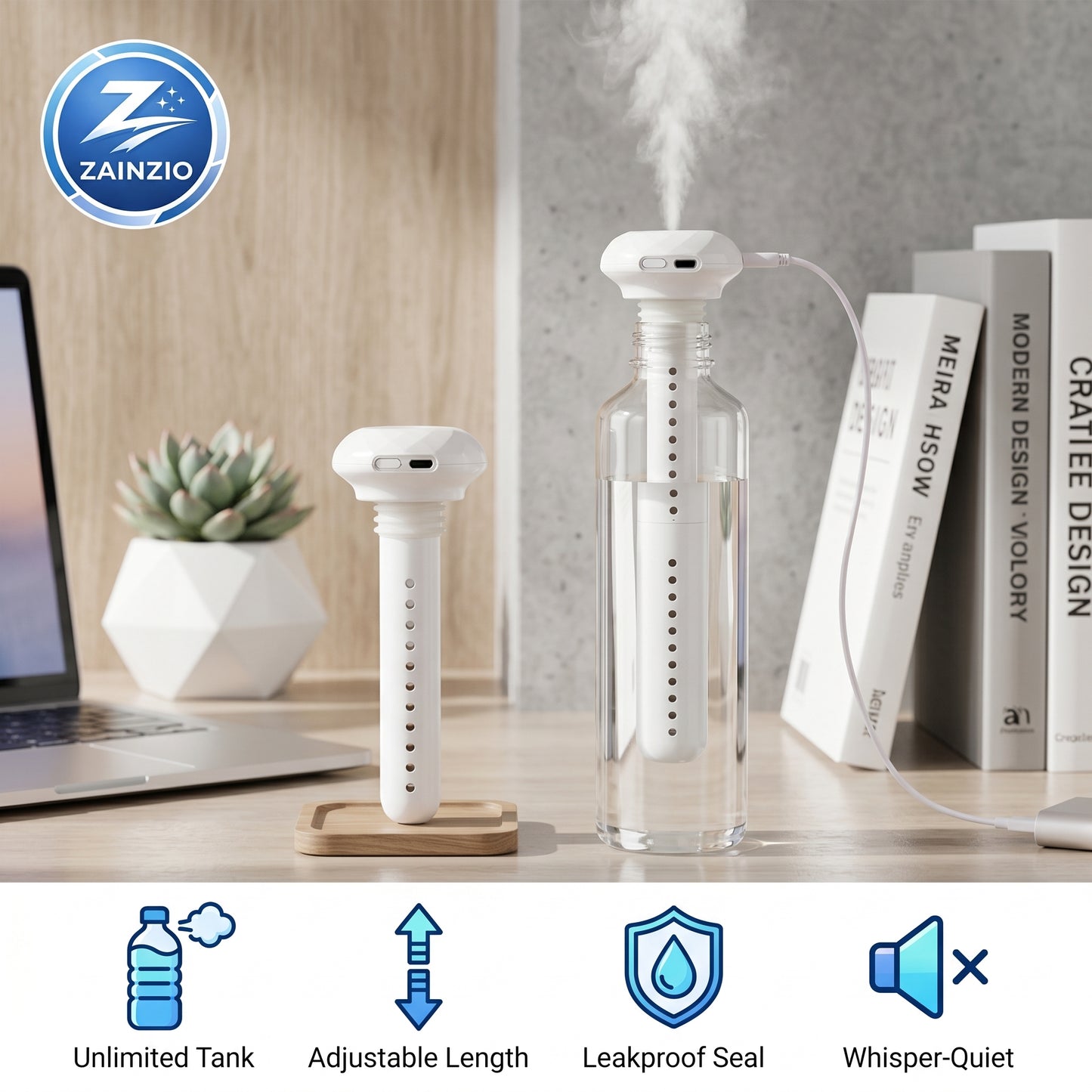 A "ZAINZIO" portable humidifier is shown in use and stored, highlighting features like "Unlimited Tank," "Adjustable Length," "Leakproof Seal," and "Whisper-Quiet.