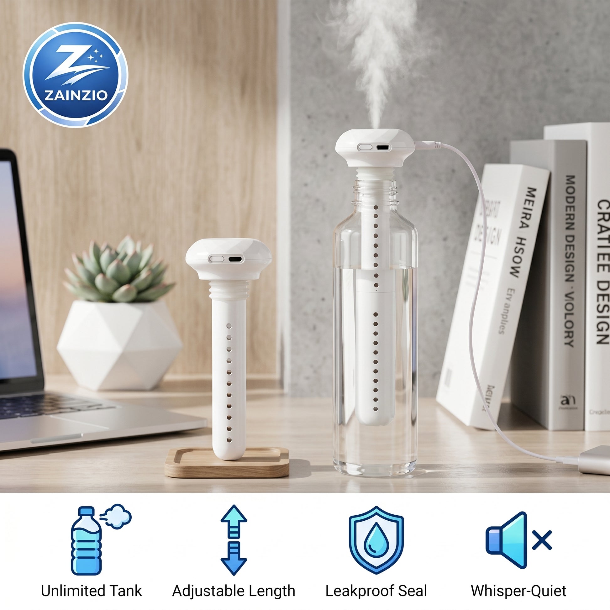 A "ZAINZIO" portable humidifier is shown in use and stored, highlighting features like "Unlimited Tank," "Adjustable Length," "Leakproof Seal," and "Whisper-Quiet.