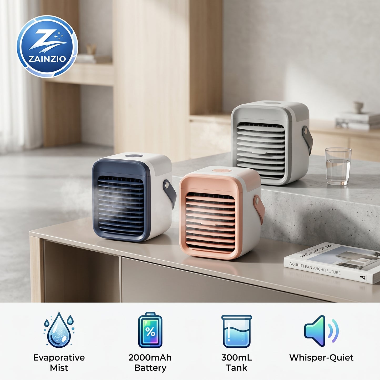 Three Zainzio portable misting coolers in blue, peach, and white are displayed on a table. Below are icons for Evaporative Mist, 2000mAh Battery, 300mL Tank, and Whisper-Quiet features.