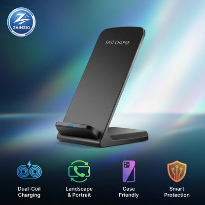 Black wireless charging stand with Zainzio branding on a colorful gradient background